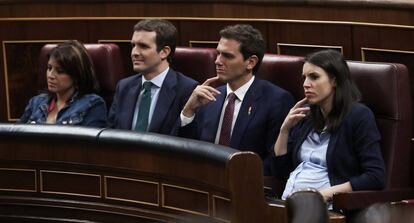 Adriana Lastra, Pablo Casado, Albert Rivera e Irene Montero, en el Congreso.