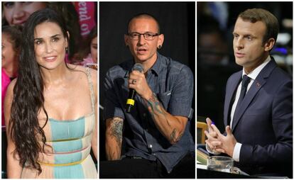 De izquierda a derecha: Demi Moore, Chester Bennington y  Emmanuel Macron.