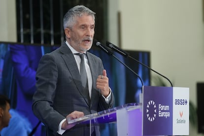 El ministro del Interior, Fernando Grande-Marlaska durante un desayuno informativo celebrado este jueves en Madrid.