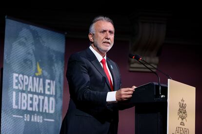 El ministro de Política Territorial y Memoria Democrática, Ángel Víctor Torres, interviene este miércoles en la inauguración de los encuentros que, sobre 'España en libertad', este miércoles en Madrid.