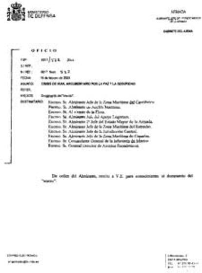 Carátula del fax con el documento sobre Irak distribuido en la Armada.