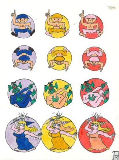 Los cuatro quarks up, down, extra&ntilde;o y encantado, en sus tres colores, caricaturizados por &Aacute;lvaro de R&uacute;jula, en 1975.