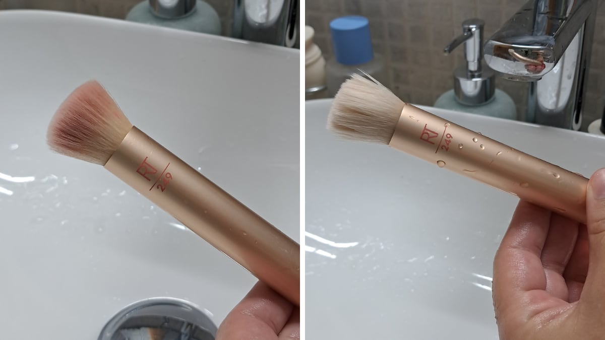 Brocha de maquillaje antes y después del lavado.