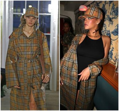 Abierta y enseñando el hombro es como prefirió lucir Rihanna la gabardina de Burberry. Pero tal y como hizo la firma durante el desfile de su colección para la próxima primavera en la Semana de la Moda de Londres, la cantante combinó la chaqueta con la gorra estampada con los reconocibles cuadros.