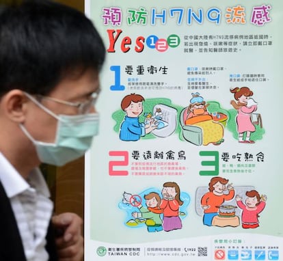 Un hombre usa una mascarilla frente a un póster de información del H7N9