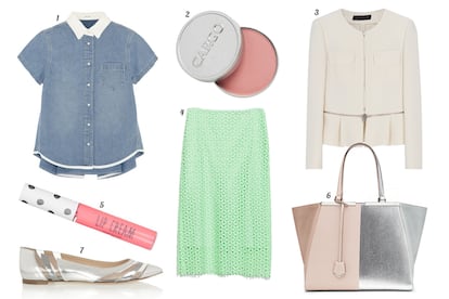 1. Sacai Camisa vaquera con manga corta y cuello y ribete blanco. 2. CARGO Colorete waterproof. 3. Zara Chaqueta con cremallera en la cintura. 4. Zara Falda lápiz de guipur. 5. Topshop Lip cream. 6. Fendi Tote de piel bicolor. 7. Gianvito Rossi Bailarina de piel metalizada y vinilo.