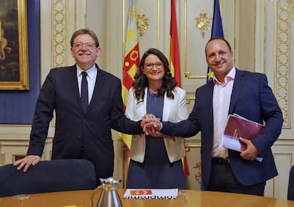 Ximo Puig, Mónica Oltra y Rubén Martínez Dalmau, esta mañana. 