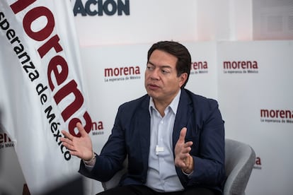 Mario Delgado, político mexicano,  Presidente Nacional de Morena durante entrevista en la sala de conferencias en las instalaciones del patrtido en la Ciudad de México el 22 de mayo del 2023