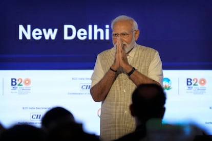 Indian Prime Minister Narendra Modi at a special session of the Business 20 or B20 Summit ahead of the G20 Summit to be held in September, in New Delhi, India, Sunday, Aug. 27, 2023.