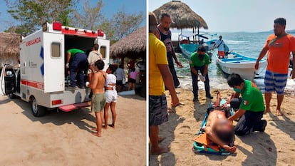 A la izquierda, una ambulancia transporta a uno de los turistas atacados, y a la derecha, uno de los argentinos es atendido por paramédicos.