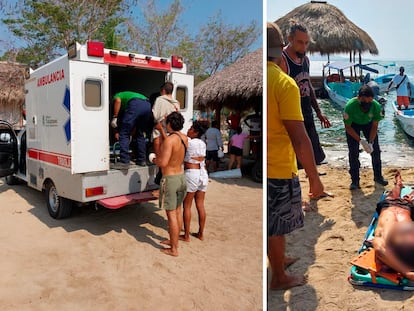 A la izquierda, una ambulancia transporta a uno de los turistas atacados, y a la derecha, uno de los argentinos es atendido por paramédicos.