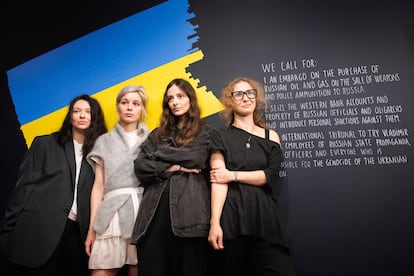 Some of the members of Pussy Riot, including Maria Aliójina (on the right), at the opening of the exhibit. 