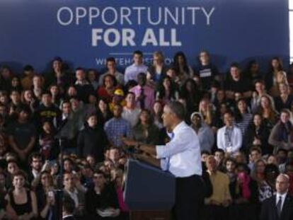 El presidente de los Estados Unidos, Barack Obama, fue registrado este miércoles, al dar un discurso, en la Universidad de Michigan (EE.UU.), donde afirmó que "salarios justos y mayores ganancias pueden ir de la mano".