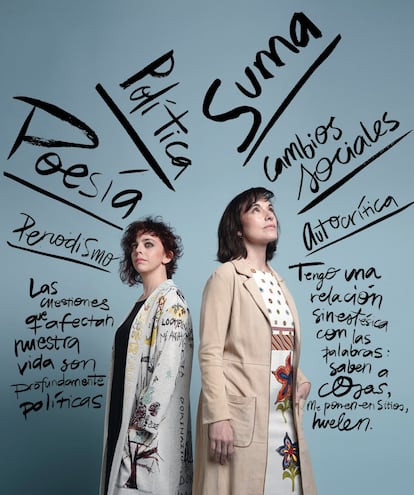 Laura Casielles.Poeta y periodista. Autora, entre otros, de Breve historia de algunas cosas (2017) y Las señales que hacemos en los mapas (2014). A la derecha, Julieta Valero.Poeta y coordinadora de la Fundación Centro de Poesía José Hierro. Autora de Que concierne (2016) y Autoría (2010). (Ilustración: Montse Tanús)