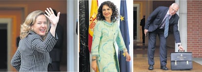 La ministra de Economía, Nadia Calviño; la de Hacienda, María Jesús Montero; y el de Exteriores, Josep Borrell