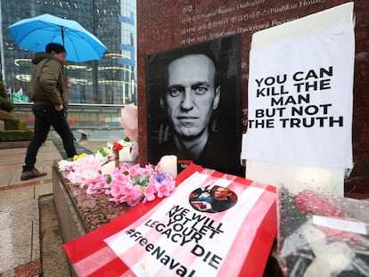 Tributes to late Russian opposition leader Alexei Navalny in front of a monument carrying a work of the late Russian poet Alexander Pushkin, in Seoul, South Korea, 20 February 2024.