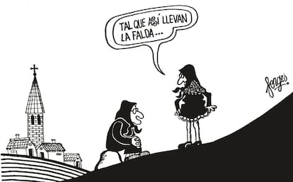 A Cosma y Blasa, arquetipo de la mujer de pueblo, la modernidad se las llevaba por delante... a veces. Esta viñeta, de la primera década (1964-1974) como dibujante de Antonio Fraguas, Forges, retrata la llegada de la minifalda al armario de las españolas.