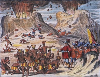 Grabado del siglo XVII que muestra a miembros de la tribu Tlaxcala implorando a Hernán Cortés, junto a los volcanes Popocatepetl y Iztaccihuatl.
