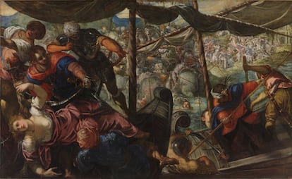 'El rapto de Helena' (1579), de Tintoretto. En vez de una batalla entre troyanos y espartanos, De la Fuente ve una lucha entre terrícolas y alienígenas procedentes de un planeta cuántico donde la incertidumbre de Heisenberg se percibe a nivel macroscópico. “Hay que fijarse en esos caballos que se desdoblan, en esa masa de cuerpos borrosos que se despliega al fondo”, indica el profesor. En el hipotético planeta cuántico la constante de Planck, que rige el mundo subatómico, sería un número más grande que en la Tierra, permitiendo ver efectos cuánticos en el mundo cotidiano.