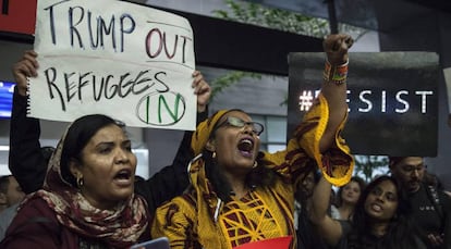 Protestos contra Trump no aeroporto de San Francisco. 