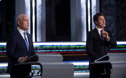 O'Toole y Trudeau en el debate en francés entre candidatos, el 8 de septiembre pasado.