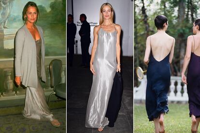 Calvin Klein no inventó el slip dress. La primera versión moderna data de los años 20. Klein simplificó el salto de cama con la colección p-v 1995 (sin encajes ni florituras), un año después de la colección grunge de Jacobs para Perry Ellis. Y aunque los paralelismos son evidentes, la propuesta de Klein era mucho más limpia y reflejaba perfectamente la estética lujosa y relajada de la moda norteamericana. De izda. a dcha., Lauren Hutton de Calvin Klein (1995); Carolyn Murphy de Ralph Lauren (2018); y Janine Giddings y Patricia Hartmann de Donna Karan New York (1993).