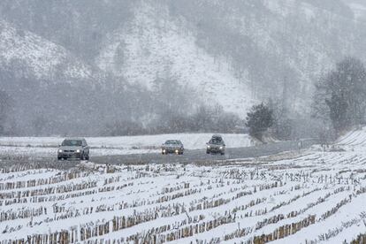 Imagen de una carretera nevada en Sant Pau de Seguries, en Girona.