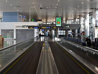 Empty travelators at Madrid-Barajas Adolfo Suarez Airport on Saturday.