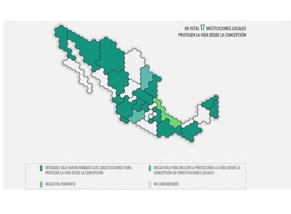 Mapa de la criminalización del aborto en México.