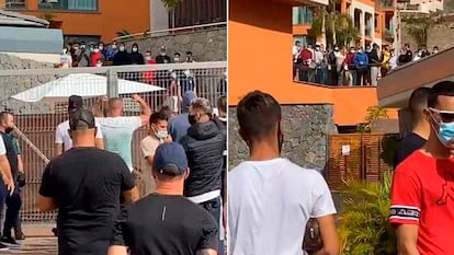 Protesters outside a hotel in Arguineguín that is being used as a migrant shelter.