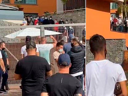 Protesters outside a hotel in Arguineguín that is being used as a migrant shelter.