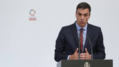 El presidente del Gobierno en funciones, Pedro Sánchez, este miércoles durante un acto con colectivos LGTBI en La Moncloa.