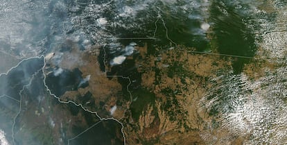 Incêndios na Amazônia fotografados pelo atélite Aqua da NASA.