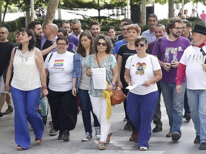 Miembros de Lambda y de otros colectivos LGTB llegan a la Ciudad de la Justicia de Valencia para presentar la denuncia contra Ca&ntilde;izares. 