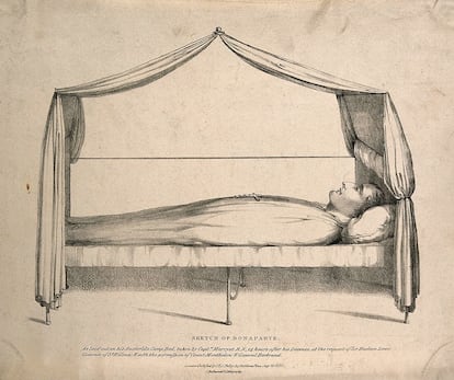 Dibujo de L Wellcome en el que se ve a Napoleón en su cama 14 horas después de haber muerto.