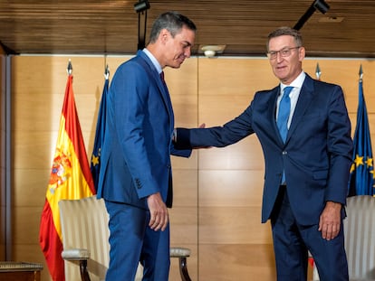 El líder del PP, Alberto Núñez Feijóo, durante su reunión con el secretario general del PSOE y presidente del Gobierno en funciones, Pedro Sánchez, en Congreso.