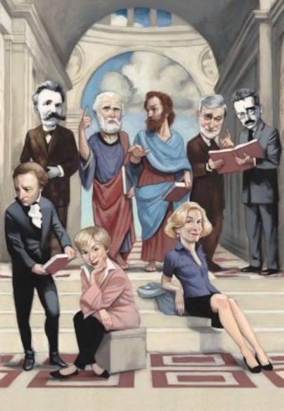 De izda. a dcha. y de arriba abajo: Nietzsche, Platón, Aristóteles, Gianni Vattimo, Walter Benjamin, Immanuel Kant, Julia Kristeva y Martha Nussbaum.