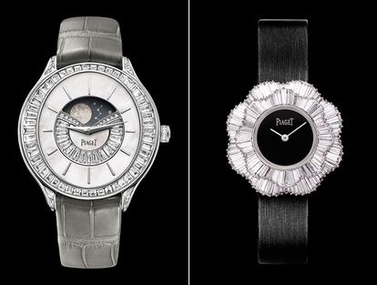 Reloj de alta gama con fase lunar automático de oro y diamantes y reloj de oro con diamantes de talla baguette, ambos de Piaget.