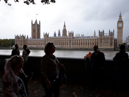 A general view of the Houses of Parliament at sunrise in London, on Oct. 21, 2022.