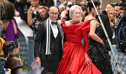 Stanley Tucci and Meryl Streep are seen on the set of 'The Devil Wears Prada 2' at American Museum of Natural History on August 01, 2025 in New York City.