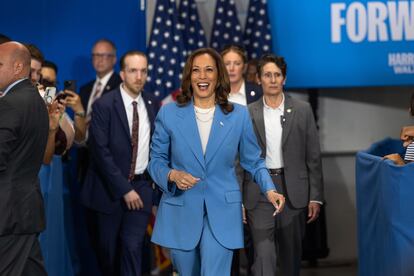 Pearls and monochrome outfits have become Harris' signature look. Pictured here in North Carolina on August 16.