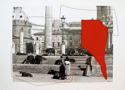 La española Sonia Navarro liga un patrón de costura a las imágenes de una ciudad amada, como Roma, en la obra titulada Habitar la huella (2014).