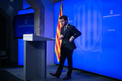 El presidente catalán, Pere Aragonès, en la rueda de prensa posterior a la reunión del Govern.
