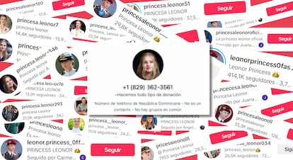 Collage con cuentas falsas de Leonor. Al fondo, decenas de cuentas fraudulentas –todas diferentes– de la Princesa de Asturias en TikTok que seguían en activo el 2 de diciembre. Al frente, uno de los perfiles WhatsApps falsos que se hacen pasar por la princesa