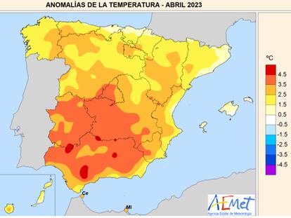 Mapa de las anomalías de la temperatura media, con las máximas y las mínimas, del mes de abril en España, con zonas de Andalucía, Extremadura y Castilla-La Mancha a 5° por encima de la media.