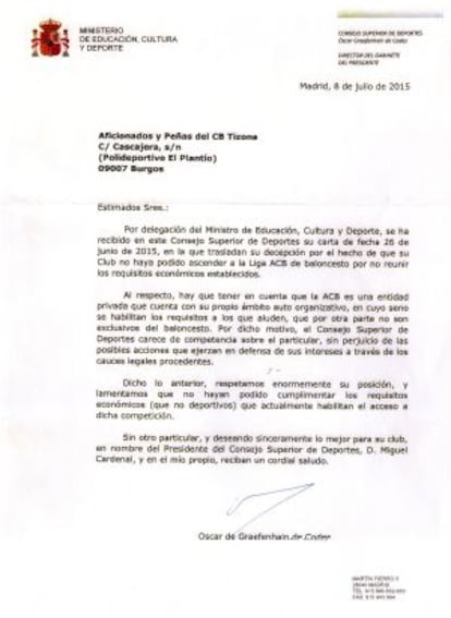Notificación del CSD al Tizona Burgos en la que el Consejo explica que “carece de competencia” para actuar en el caso