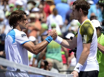 Andy Murray greets David Ferrer after their men's final match at the Sony Open tennis tournament in Miami.