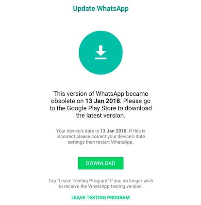 Mensaje de WhatsApp obsoleto que veían los usuarios de la app