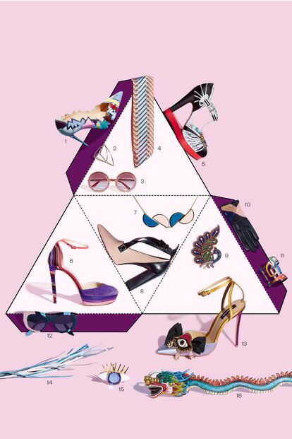 TRIÁNGULO PÚRPURA1. Zapato salón con estampado geométrico de Christian Louboutin.2. Pendiente dorado tridimensional de Agatha.3. Gafas redondas de cristal rosa con borde de strass de Dolce & Gabbana.4. Fular azul, beis y blanco de Asos.5. Sandalia de ante negro y tiras plateadas con plataforma de charol rojo de Gucci.6. Sandalia multicolor de ante en tonos rosas, fucsias y morados de Jimmy Choo.7. Collar dorado con medias lunas esmaltadas en rosa y azul celeste de Chacok.8. Zapato bicolor negro y nude con tiras cruzadas de Louis Vuitton.9. Pendiente con forma de pavo real en tonos verdes y azules de Gucci.10. Guantes de piel negra con triángulos en ante rosa y beis de Asos.11. Brazalete de metal de inspiración surrealista de Marina Rinaldi.12. Gafas de pasta en negro, rosa y azul de & Other Stories.13. Sandalia de tacón en satén gris con broche con lazo negro y gran ojo de metal esmaltado de Dsquared2.14. Charm de tiras de piel para colgar del bolso (también puede utilizarse como llavero) de Loewe.15. Anillo con forma de ojo de Uterqüe.16. Cinturón de pitón y piel recortado con hebilla de metal en forma de dragón de Gucci.