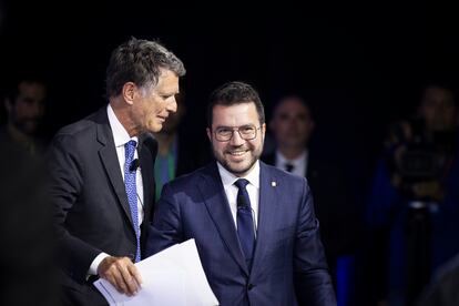 Pere Aragonès, junto al presidente del Círculo de Economía, Jaume Guardiola, este miércoles.